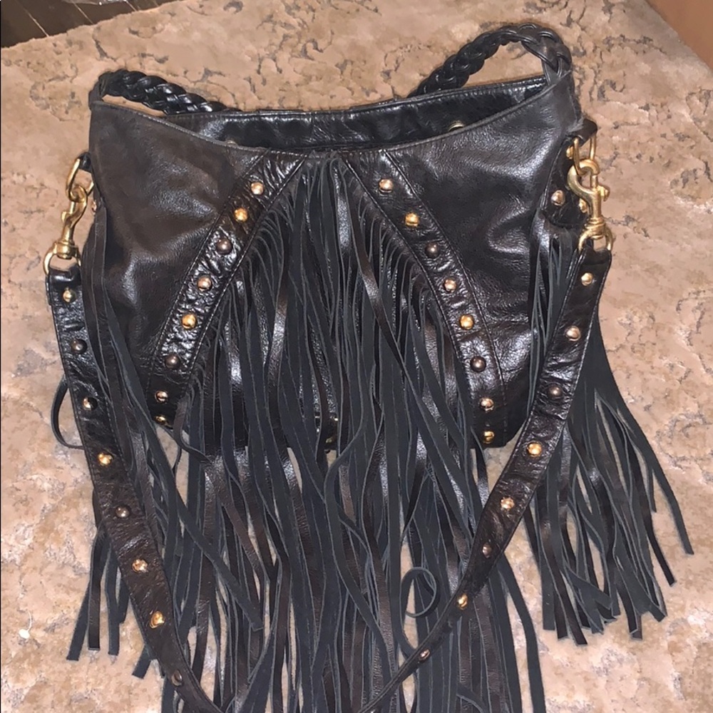 Large black leather fringe bag